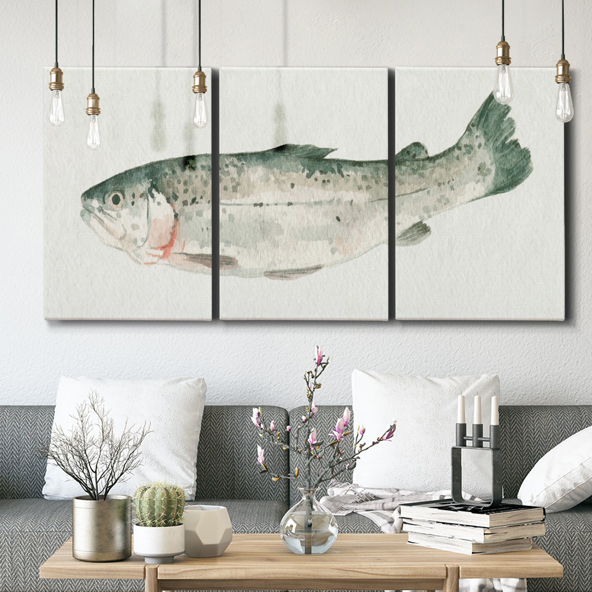 Three-panel canvas wall art featuring watercolor animal portrait, displayed in a modern living room above seating.