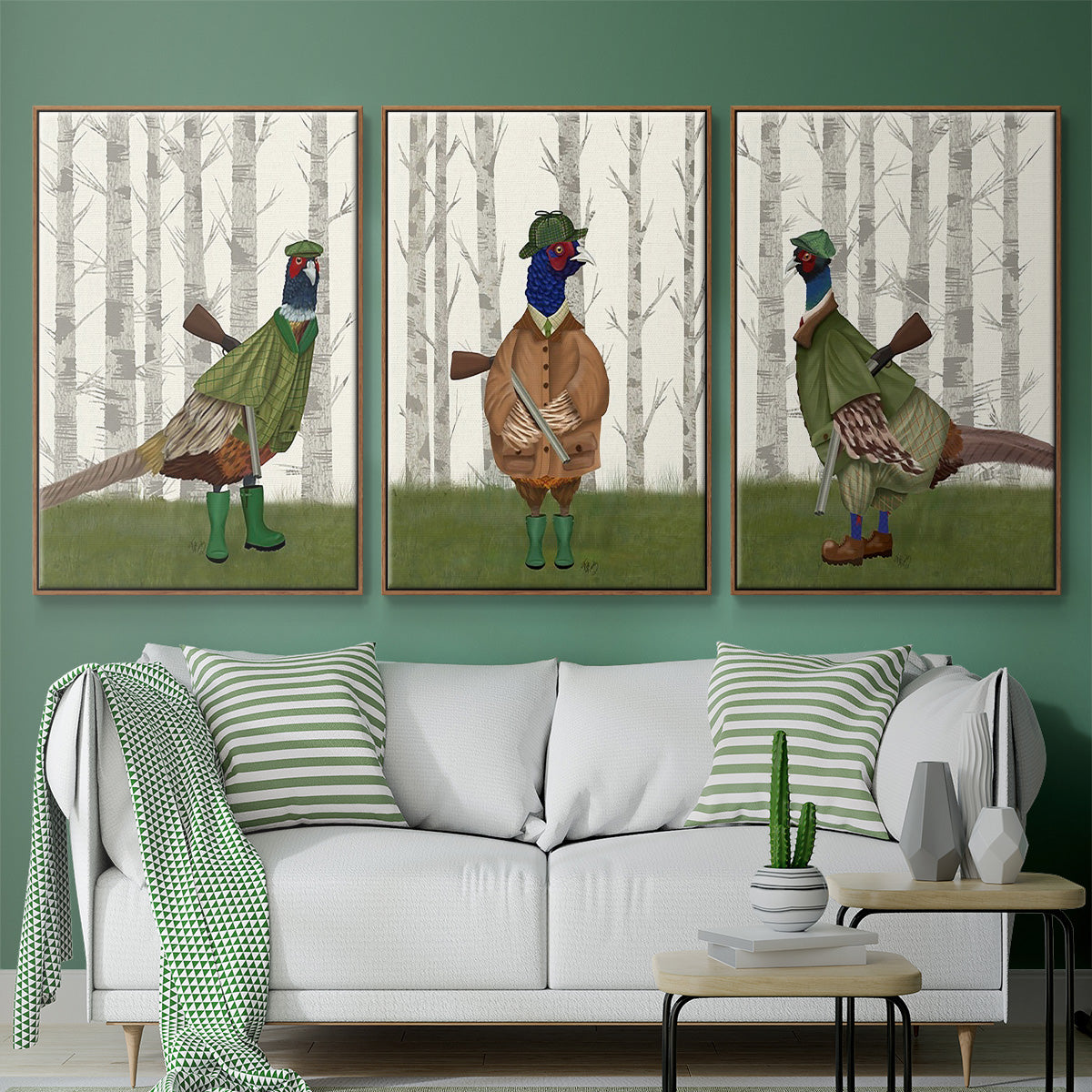 Pheasant Shooting Party 1 - Framed Premium Gallery Wrapped Canvas L Frame 3 Piece Set - Ready to Hang