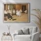 Impressionist dance class interior scene by Edgar Degas in an ornate champagne frame displayed in a bright interior setting.
