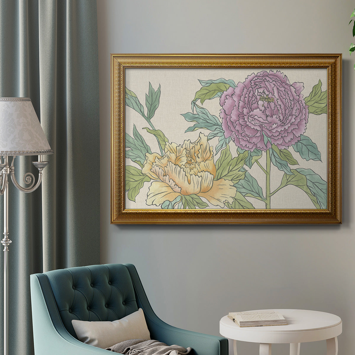 Contemporary peony flower illustration in an ornate traditional gold frame displayed in a neutral interior setting.