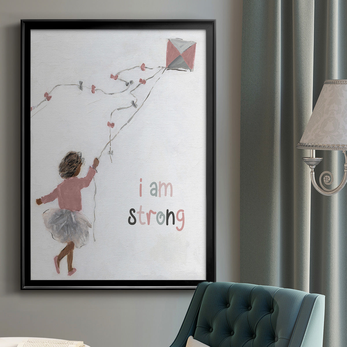 Girl Flying Kite - Modern Framed Canvas Print