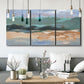 Three-panel canvas wall art featuring abstract landscape composition study, displayed in a modern living room above seating.