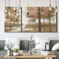 Three-panel canvas wall art featuring soft pastel park landscape scene, displayed in a modern living room above seating.