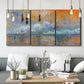 Three-panel canvas wall art featuring bridge shrouded in fog and smoke, displayed in a modern living room above seating.