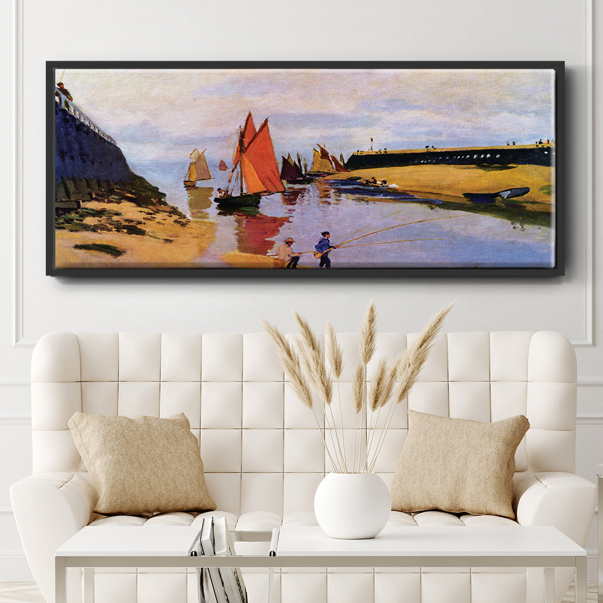 Breakwater at Trouville, Low Tide, 1870 - Floater Framed Canvas Print