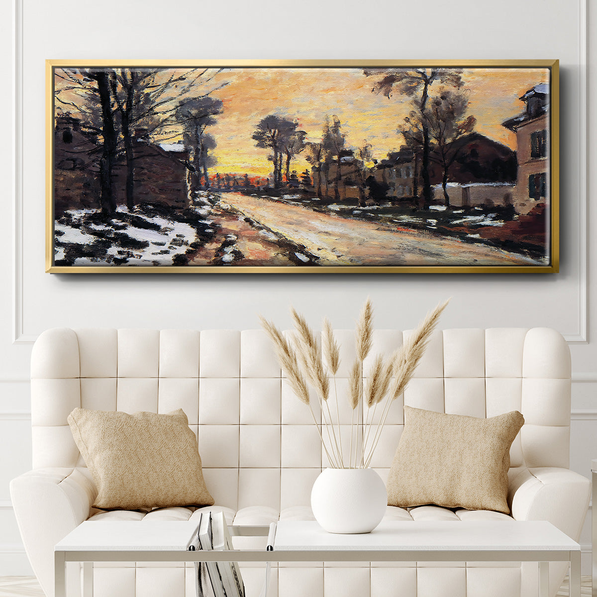 Road at Louveciennes, Melting Snow, Sunset, 1870 - Floater Framed Canvas Print