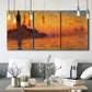 Three-panel canvas wall art featuring Venetian church at sunset, displayed in a modern living room above seating.