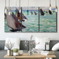 Three-panel canvas wall art featuring sailboat regatta near coastal village, displayed in a modern living room above seating.