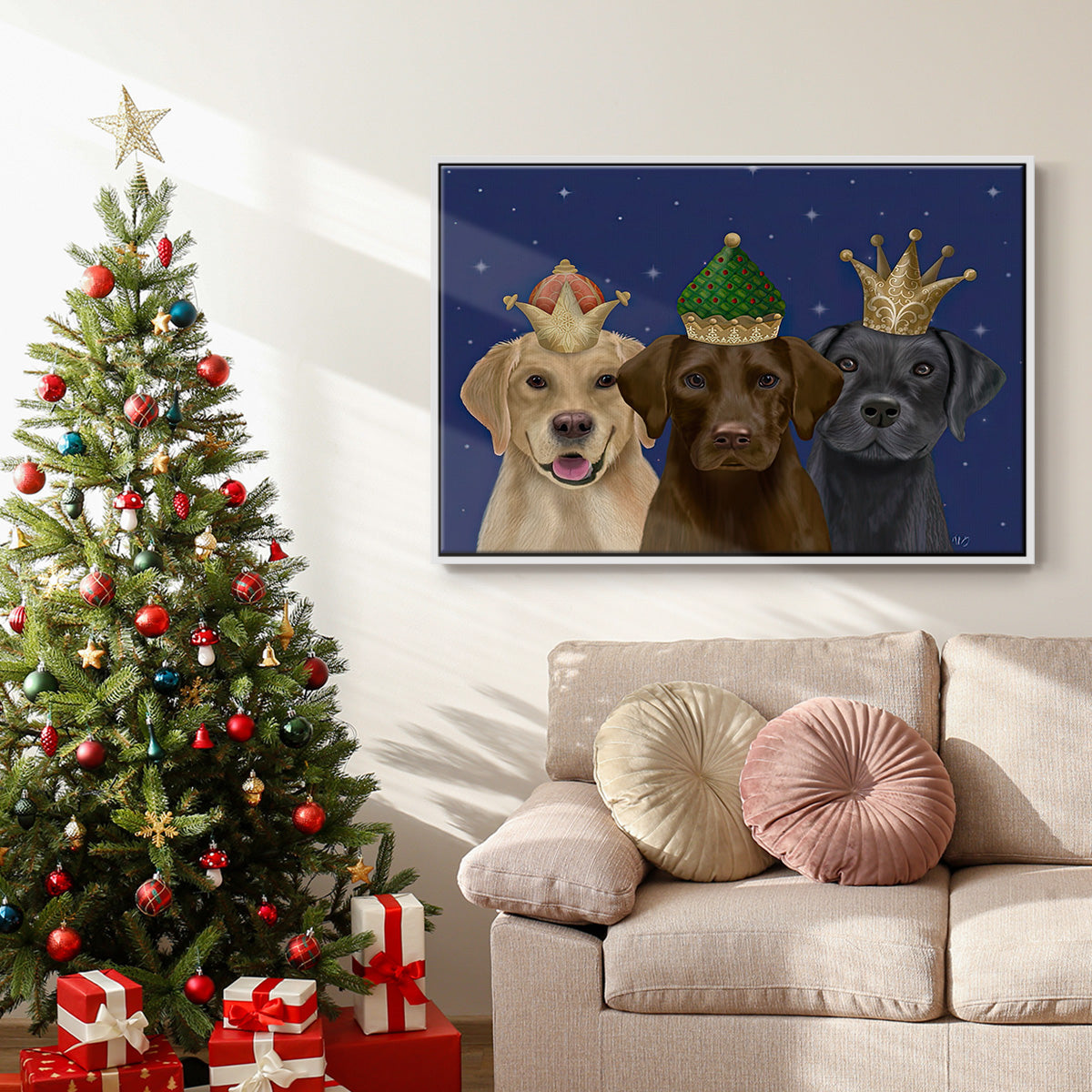 Christmas Labradors, Three Kings - Floater Framed Canvas Print