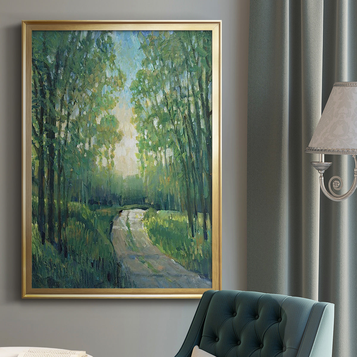 Golden Light Pathways II - Modern Framed Canvas Print