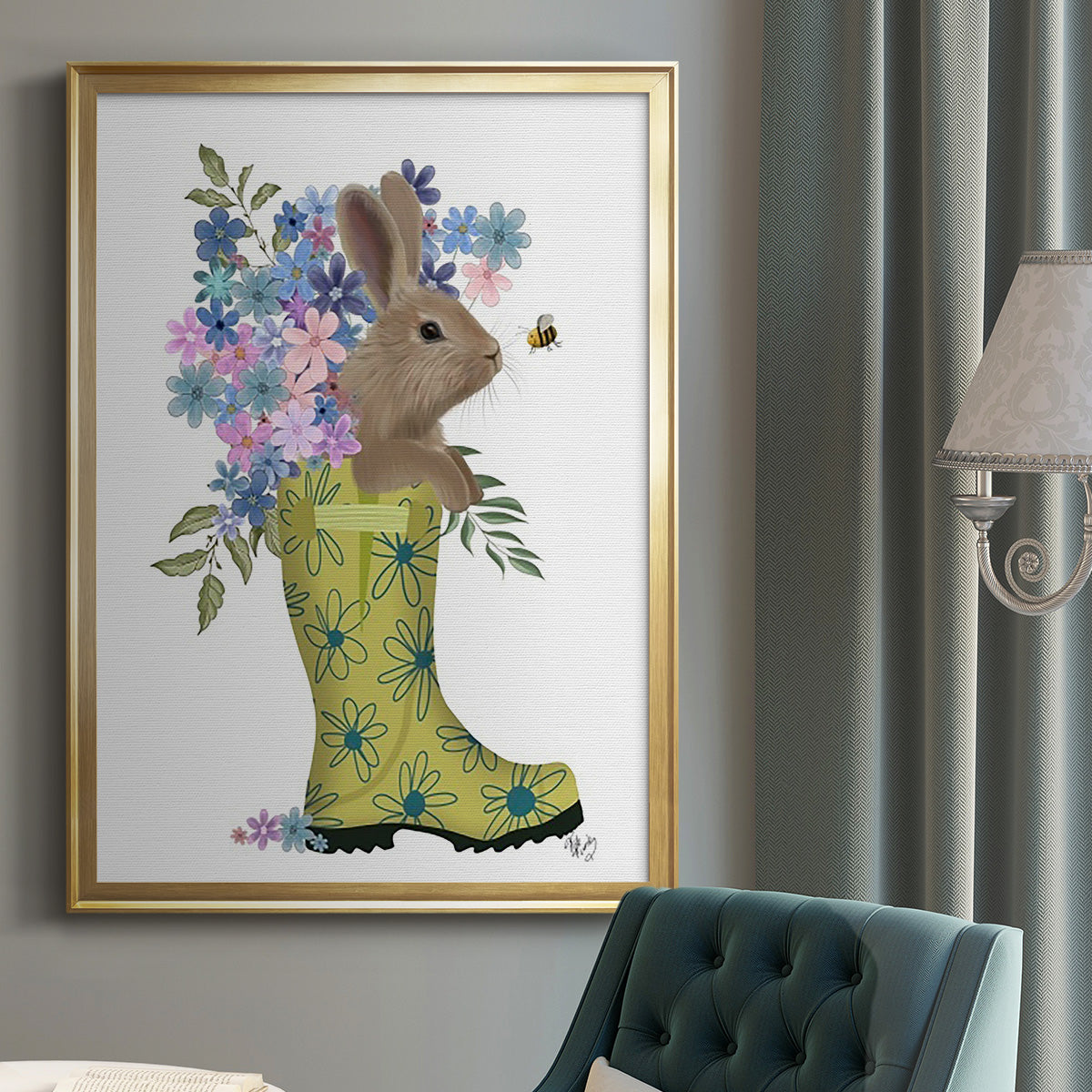 Welly Bunny And Bee - Modern Framed Canvas Print