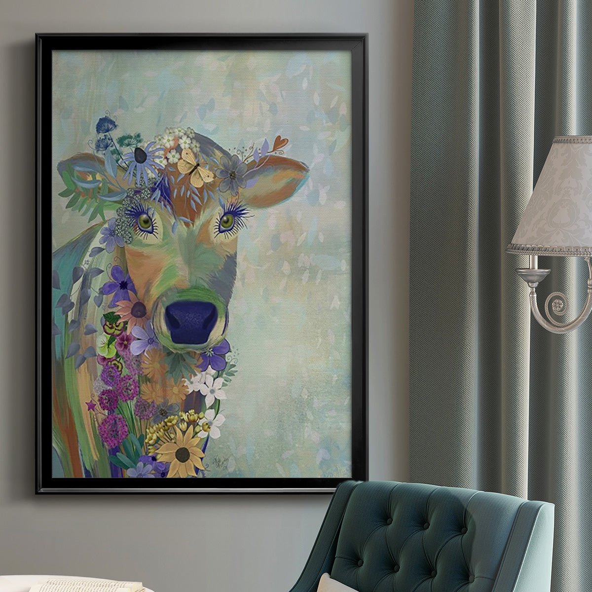 Fantastic Florals Cow - Modern Framed Canvas Print