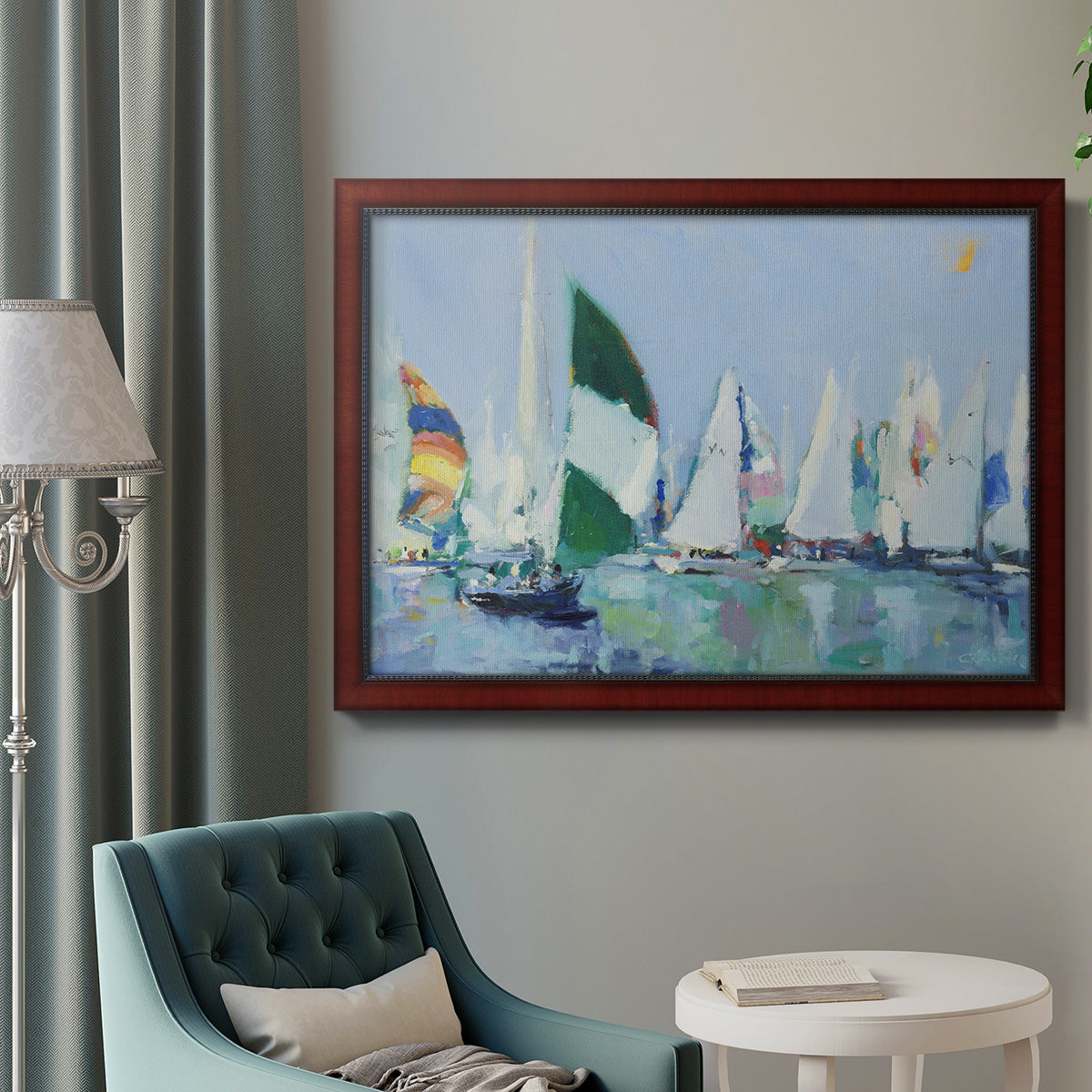 Coastal harbor watercolor painting in an ornate cherry burl wood frame displayed in a neutral interior setting.