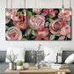 Three-panel canvas wall art featuring bold red floral abstraction, displayed in a modern living room above seating.