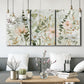Three-panel canvas wall art featuring vintage floral botanical sketchbook, displayed in a modern living room above seating.