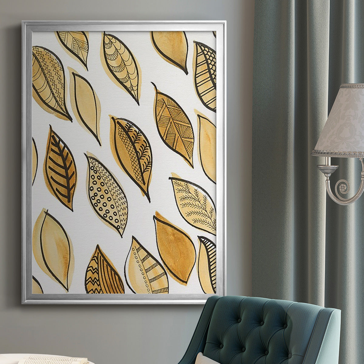 Patterned Leaf Shapes II - Modern Framed Canvas Print