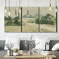 Three-panel canvas wall art featuring pasture landscape in soft watercolor, displayed in a modern living room above seating.