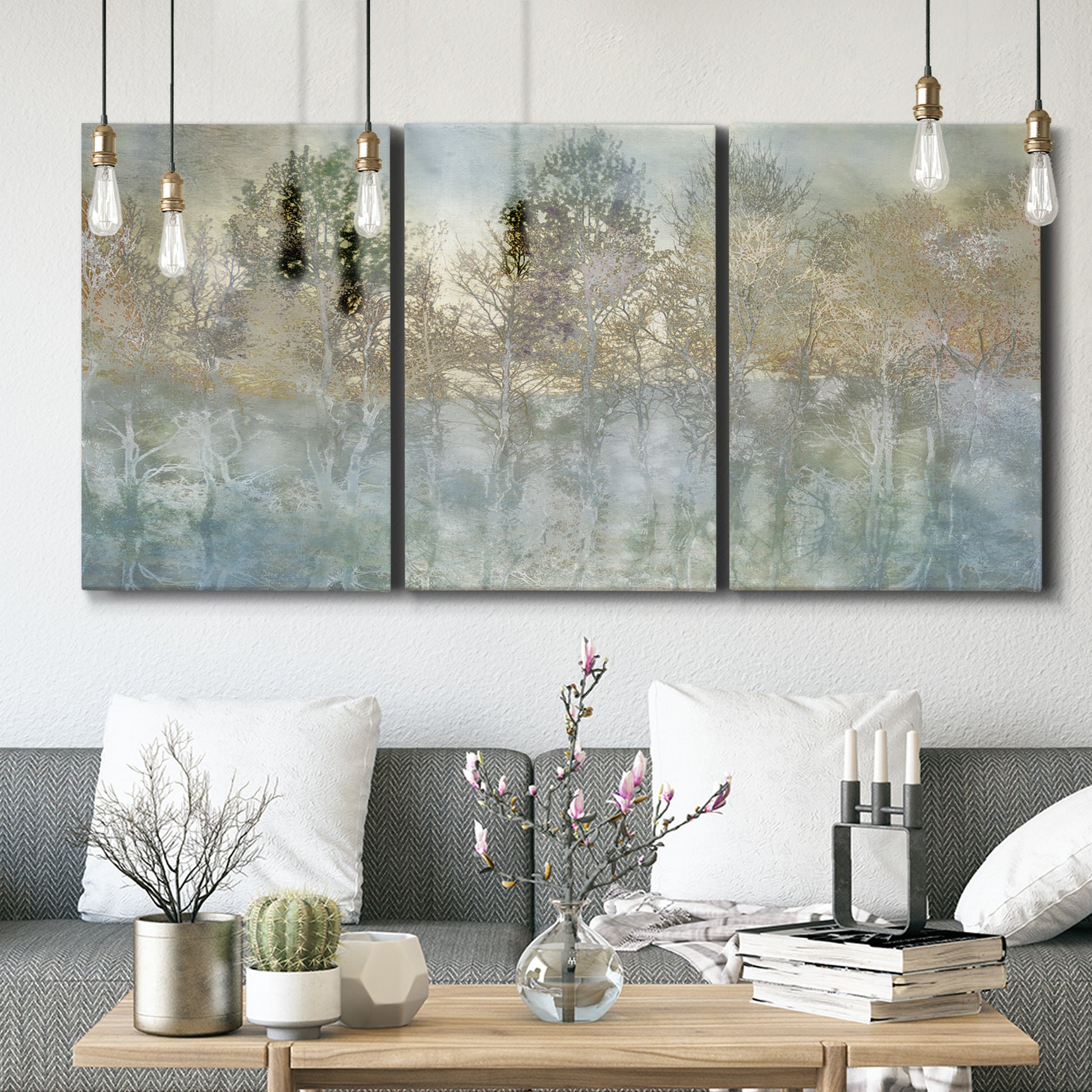 Three-panel canvas wall art featuring abstract river reflections, displayed in a modern living room above seating.