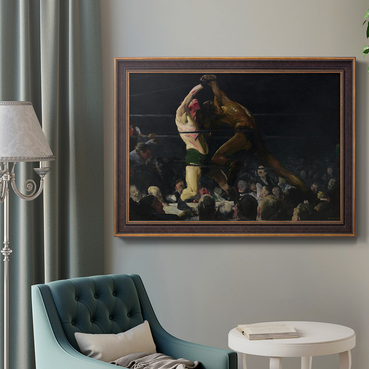 American genre painting of men in a social club by George Bellows in an ornate bronzed mahogany wood frame displayed in a bright interior setting.