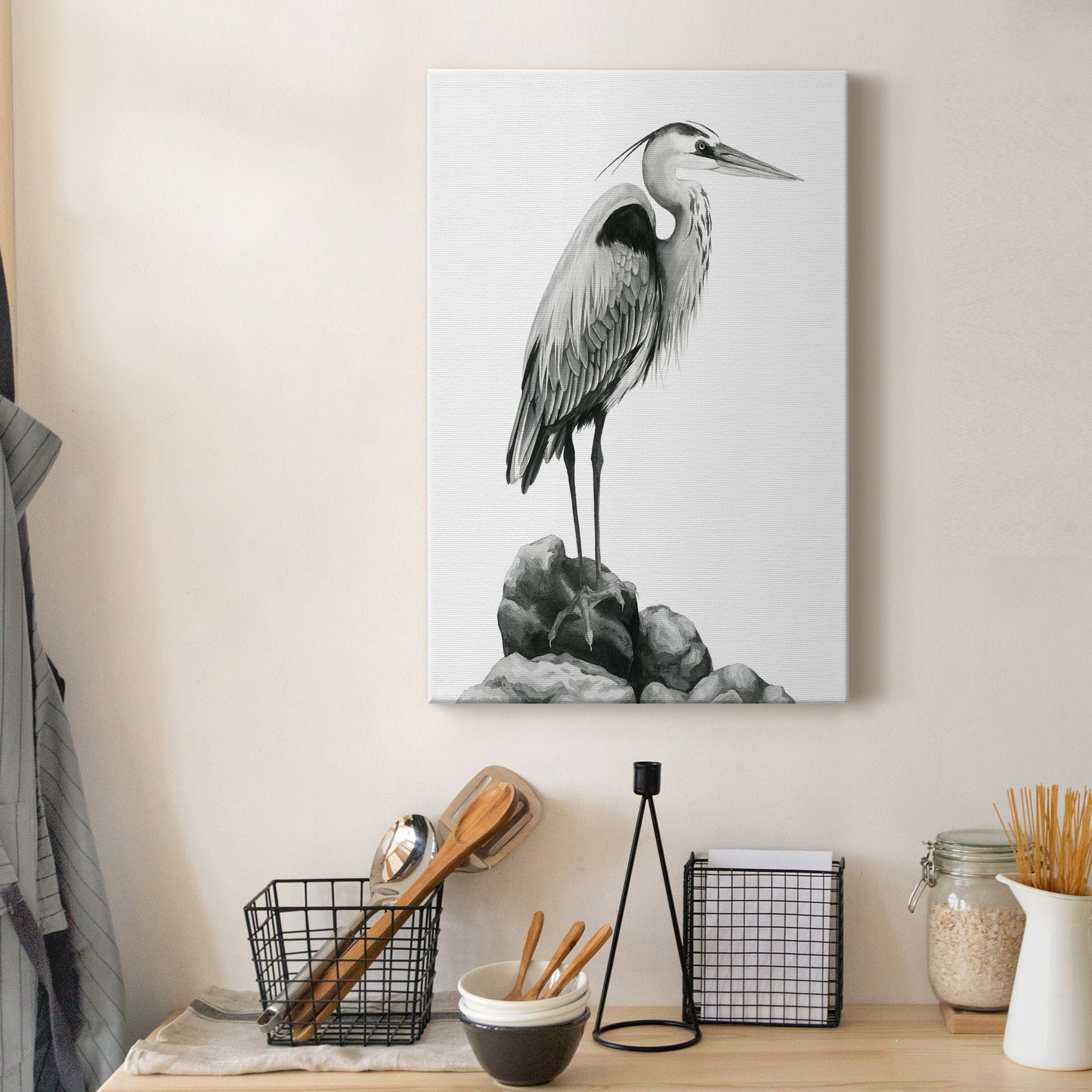 Shoreline Heron in B&W I Premium Gallery Wrapped Canvas - Ready to Hang