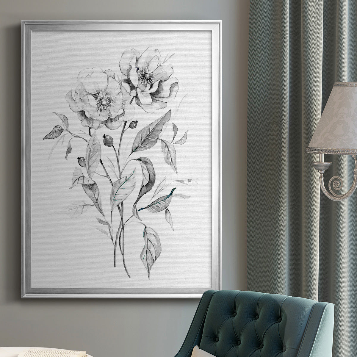 Wild Roses Sketch - Modern Framed Canvas Print