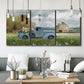 Three-panel canvas wall art featuring vintage blue truck with flower load, displayed in a modern living room above seating.