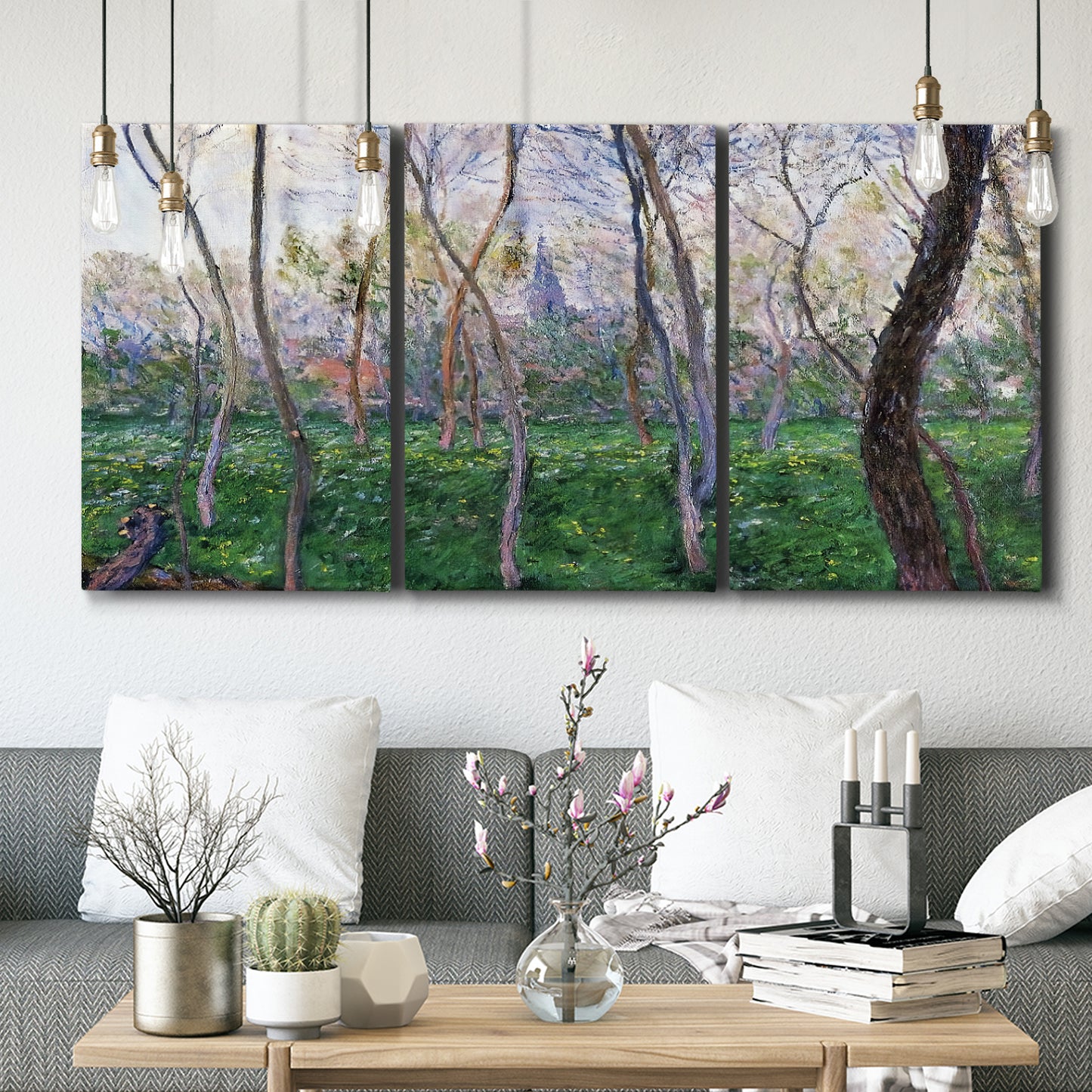 Three-panel canvas wall art featuring spring landscape along river, displayed in a modern living room above seating.