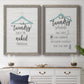 Set of two gray barnwood framed canvas prints depicting a coordinated art pair of humorous laundry-room sayings and clothing icons rendered as rustic typographic wall art above a dining room sideboard.