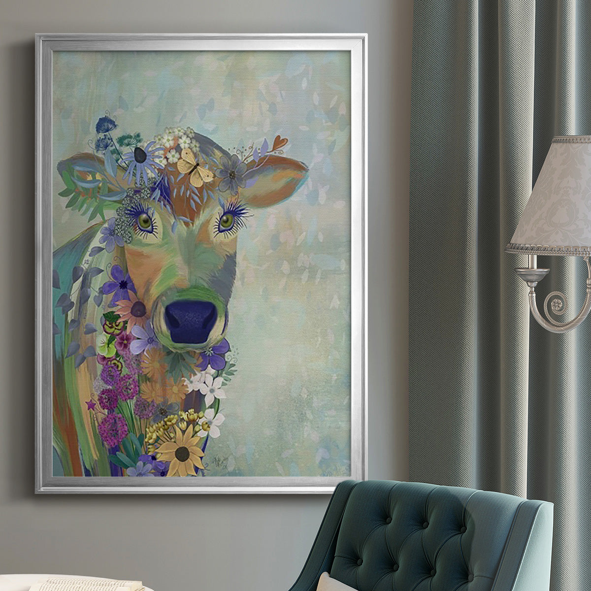 Fantastic Florals Cow - Modern Framed Canvas Print