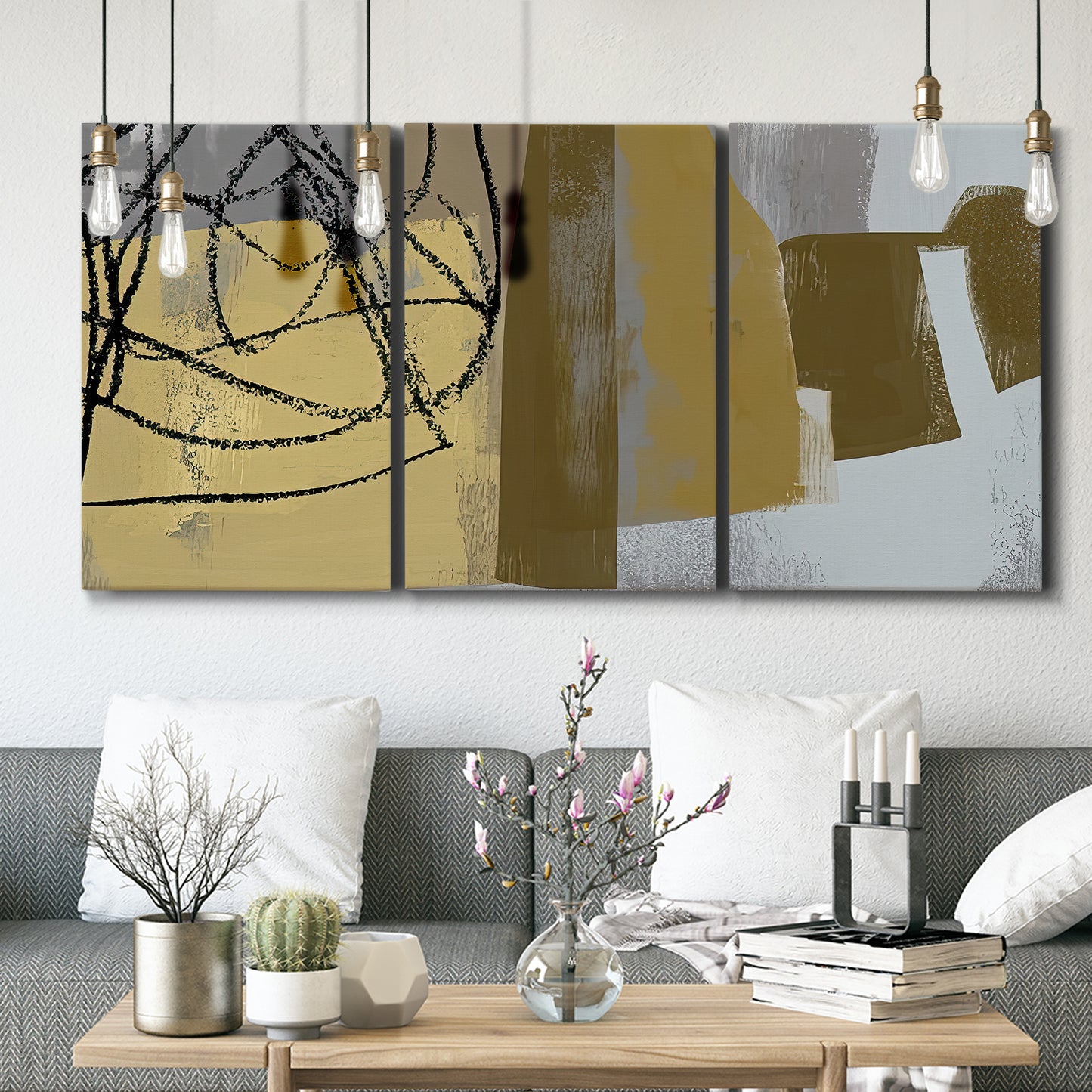 Three-panel canvas wall art featuring industrial abstract digital glitch pattern, displayed in a modern living room above seating.