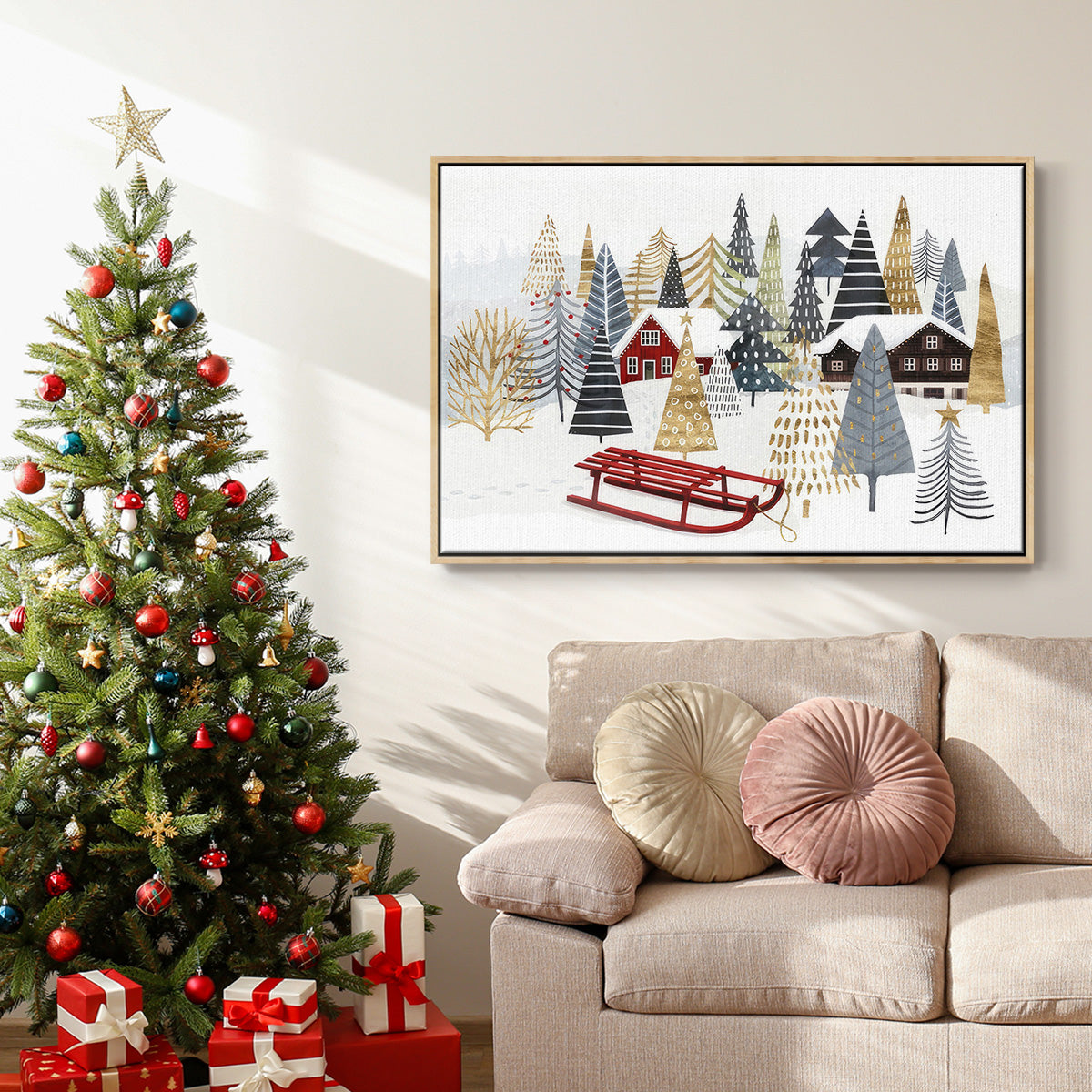 Christmas Chalet Collection A - Framed Gallery Wrapped Canvas in Floating Frame