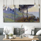 Three-panel canvas wall art featuring village church at sunset, displayed in a modern living room above seating.