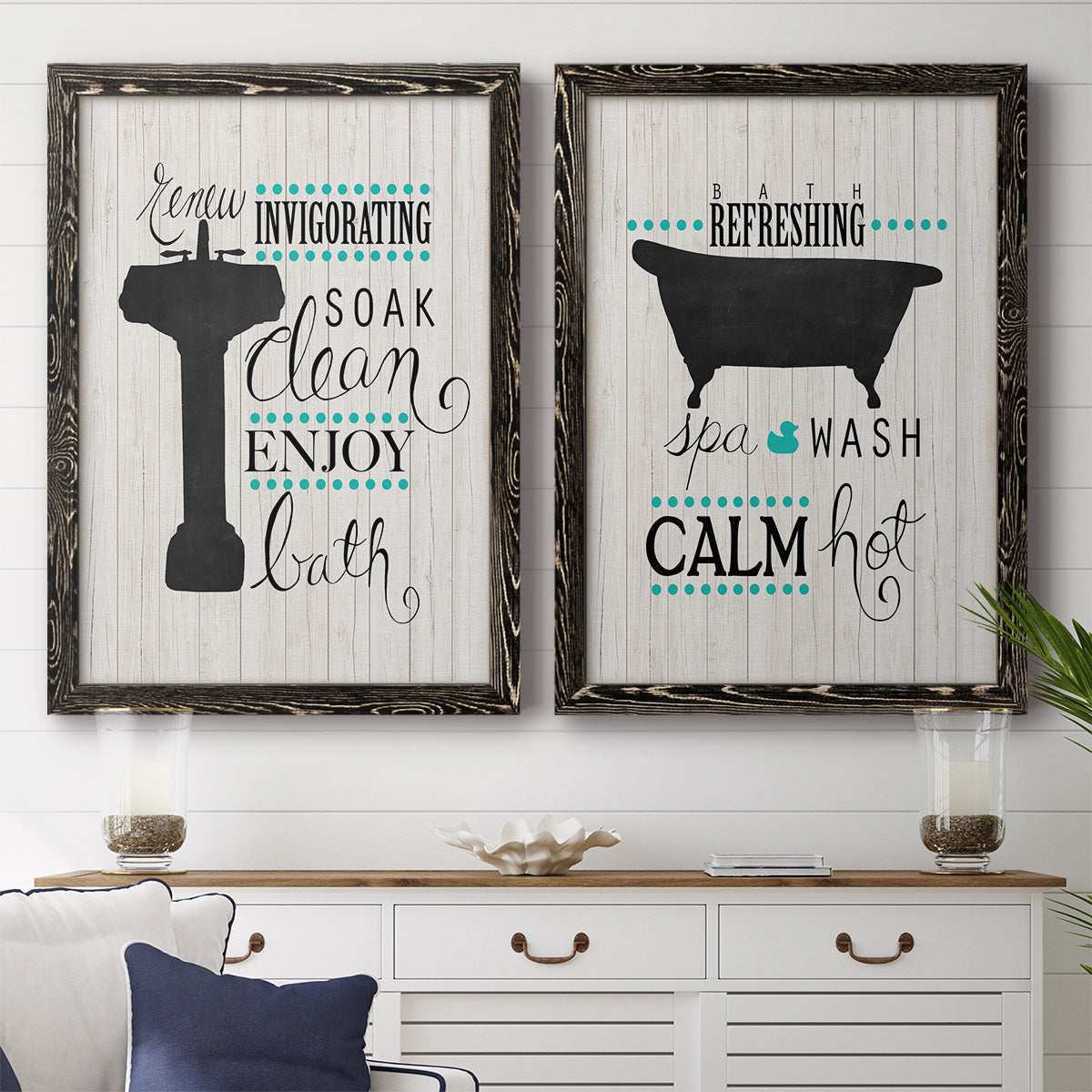 Set of two black barnwood framed canvas prints depicting a coordinated art pair of playful bathtub silhouettes and bath-themed typography rendered as graphic bathroom word art above a dining room sideboard.