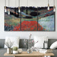 Three-panel canvas wall art featuring poppy field in shallow valley, displayed in a modern living room above seating.
