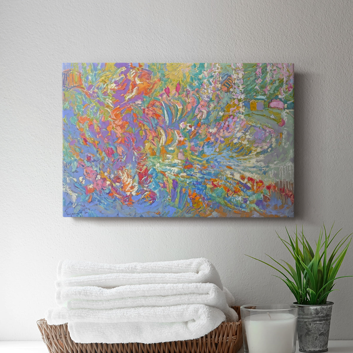 Vibrant display of colors depicting a lush garden blooming with flowers in an abstract style reflecting serenity and joy