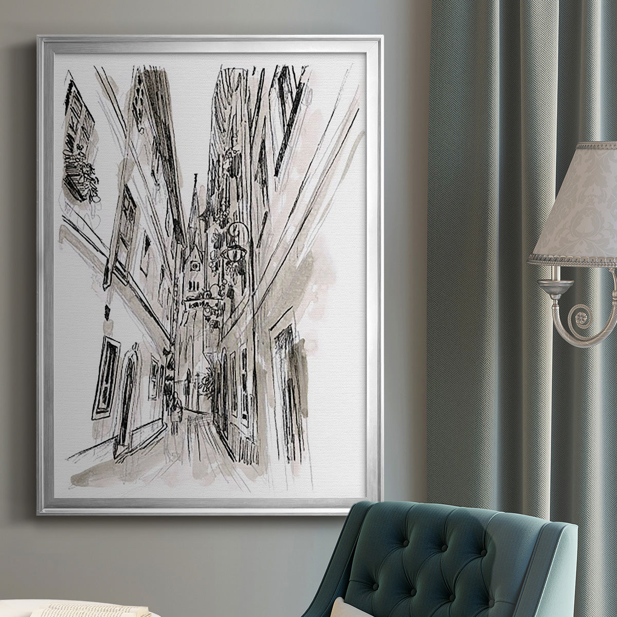 Europe Street Sketches III - Modern Framed Canvas Print