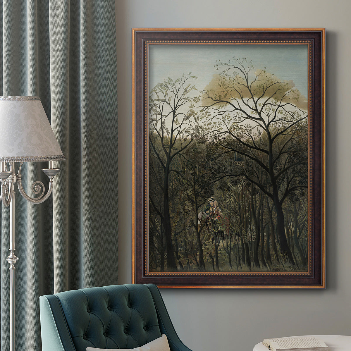 Dreamlike forest landscape scene by Henri Rousseau in an ornate bronzed mahogany wood frame displayed in a dark-toned interior setting.