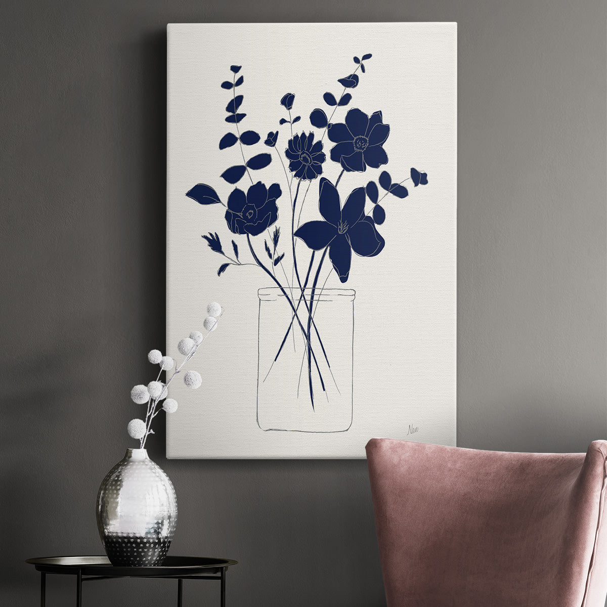 Indigo Sketch Bouquet I - Canvas Art Print