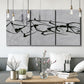 Three-panel canvas wall art featuring minimal abstract frequency lines, displayed in a modern living room above seating.