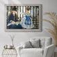 Impressionist urban scene near a railway by Édouard Manet in an ornate weathered white frame displayed in a bright interior setting.