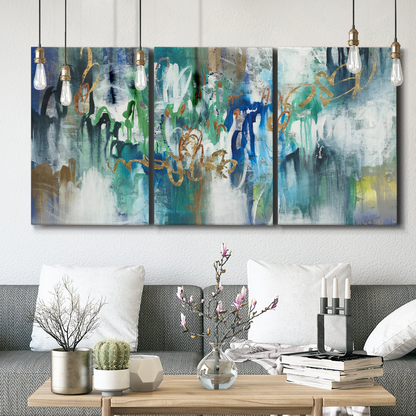 Three-panel canvas wall art featuring joyful abstract color harmony, displayed in a modern living room above seating.
