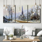 Three-panel canvas wall art featuring snow covered road leading to village, displayed in a modern living room above seating.