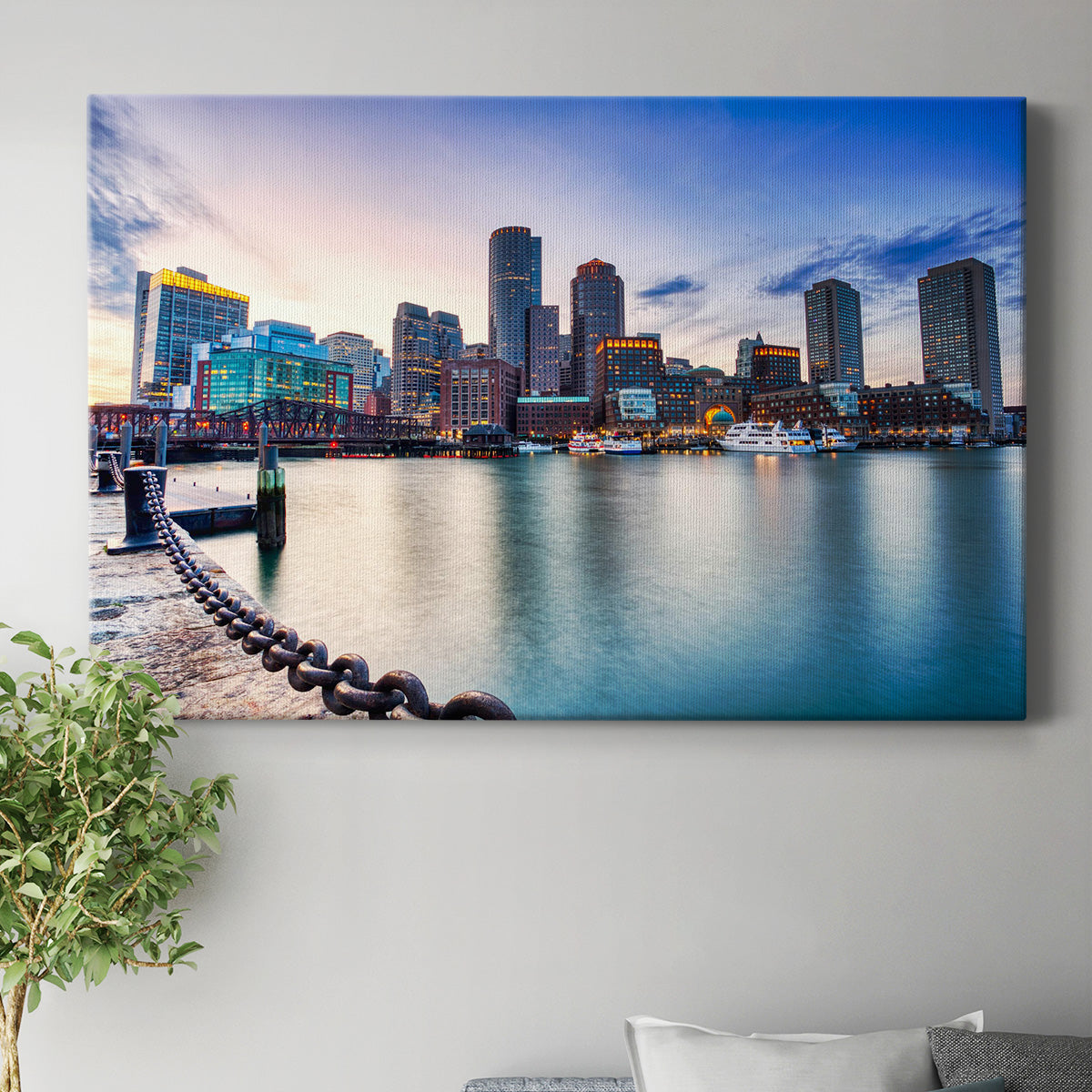 Boston Skyline with Financial District and Boston Harbor at Sunset - Canvas Art Print