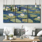 Three-panel canvas wall art featuring water lilies floating on pond, displayed in a modern living room above seating.