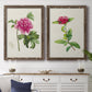Set of two walnut barnwood framed canvas prints depicting a coordinated art pair of pink flowering plant specimens rendered as vintage botanical plate illustrations above a dining room sideboard.