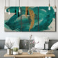 Three-panel canvas wall art featuring interconnected abstract flowing forms, displayed in a modern living room above seating.