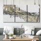 Three-panel canvas wall art featuring light modern abstract wind patterns, displayed in a modern living room above seating.