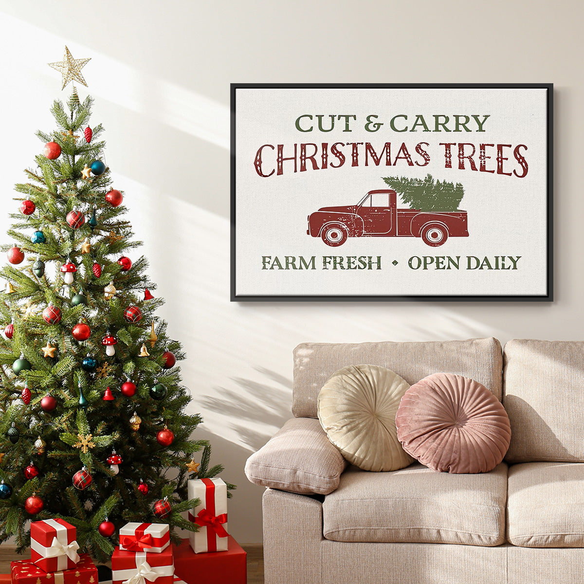 Christmas Farm Sign II - Framed Gallery Wrapped Canvas in Floating Frame