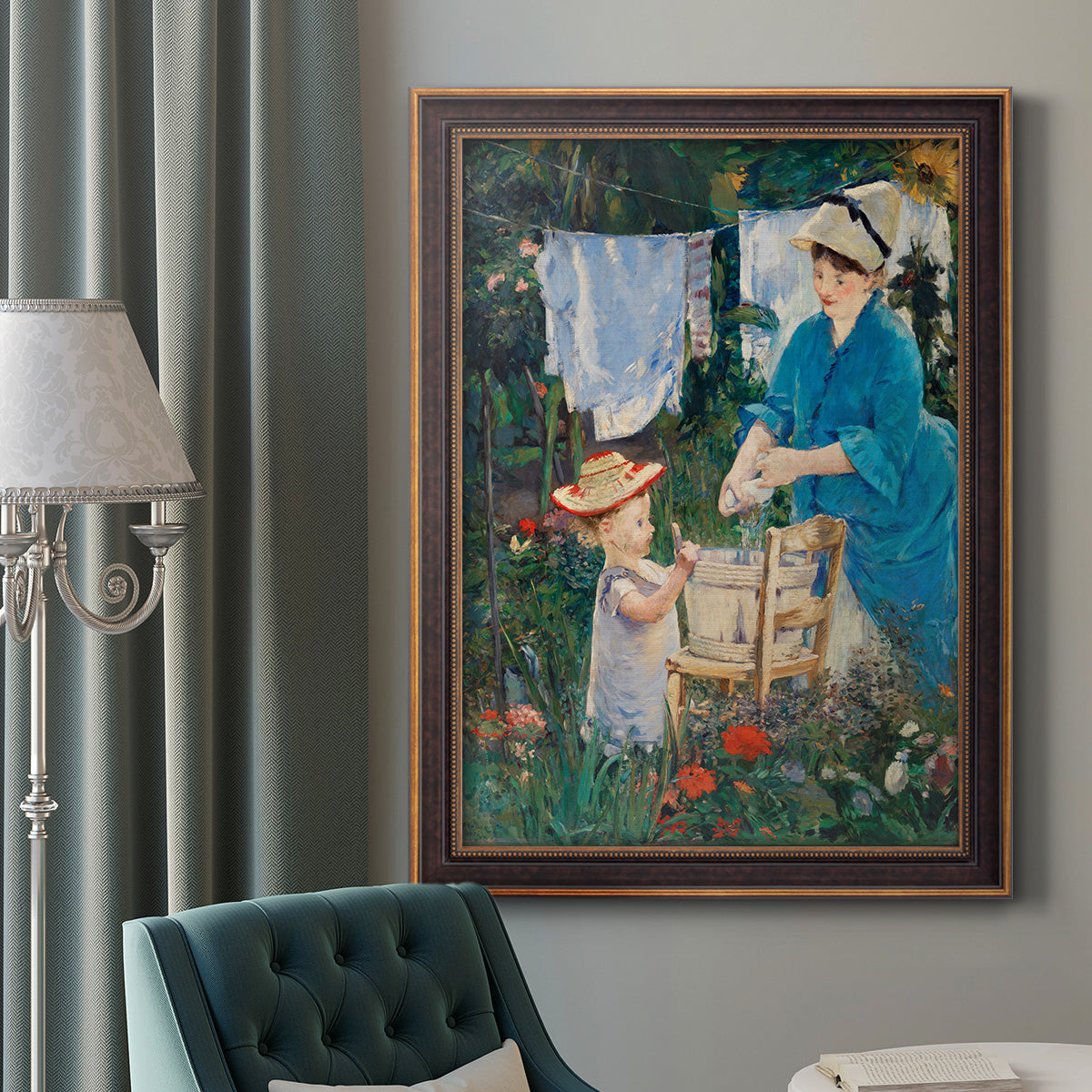 Intimate domestic genre scene by Édouard Manet in an ornate bronzed mahogany wood frame displayed in a dark-toned interior setting.