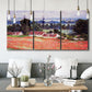 Three-panel canvas wall art featuring poppy field at giverny in bloom, displayed in a modern living room above seating.